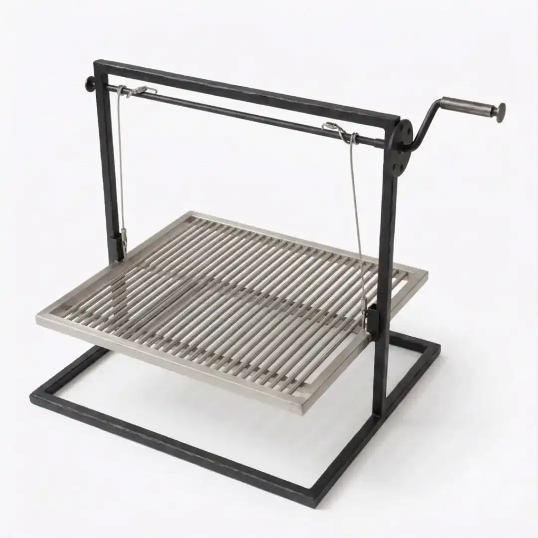 parrillas de barra maciza redonda desmontables y marco de acero inoxidable, en una base con mecanismo para ajuste manual de altura lateral de fierro pintado para altas temperaturas.